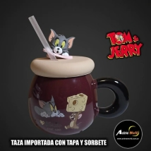 TAZA IMPORTADA TOM Y JERRY #1 CON TAPA Y SORBETE (V0054)