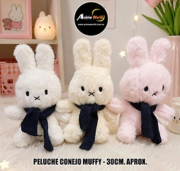PELUCHE CONEJO MUFFY ROSA BUFANDA NEGRA (30CM APROX) (P2249)